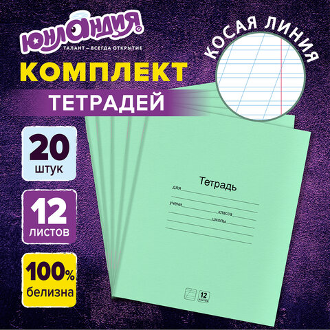 Тетради ДЭК 12 л. КОМПЛЕКТ 20 шт. с ЗЕЛЁНОЙ обложкой, ЮНЛАНДИЯ, косая линия, Тетради ДЭК 12 л. КОМПЛЕКТ 20 шт. с ЗЕЛЁНОЙ обложкой, ЮНЛАНДИЯ, косая линия,