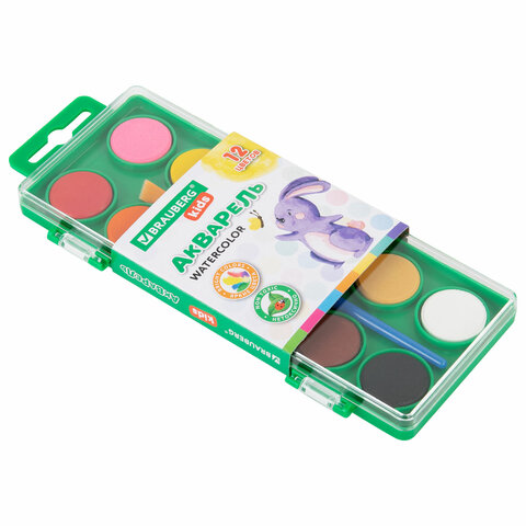 Краски акварельные BRAUBERG KIDS, 12 ярких цветов, круглые кюветы, пластиковый
