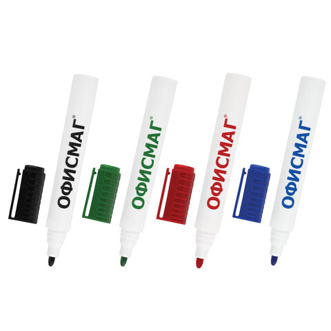 Маркеры стираемые для белой доски НАБОР 4 ЦВЕТА, ОФИСМАГ, круглый наконечник, 3