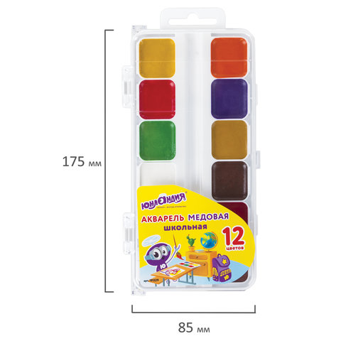 Краски акварельные ЮНЛАНДИЯ "ВЕСЕЛЫЙ ШМЕЛЬ", 12 цветов, медовые, без Краски акварельные ЮНЛАНДИЯ "ВЕСЕЛЫЙ ШМЕЛЬ", 12 цветов, медовые, без