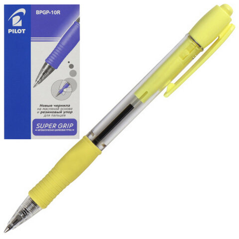 Ручка шариковая автоматическая с грипом PILOT Super Grip, СИНЯЯ, желтые детали,
