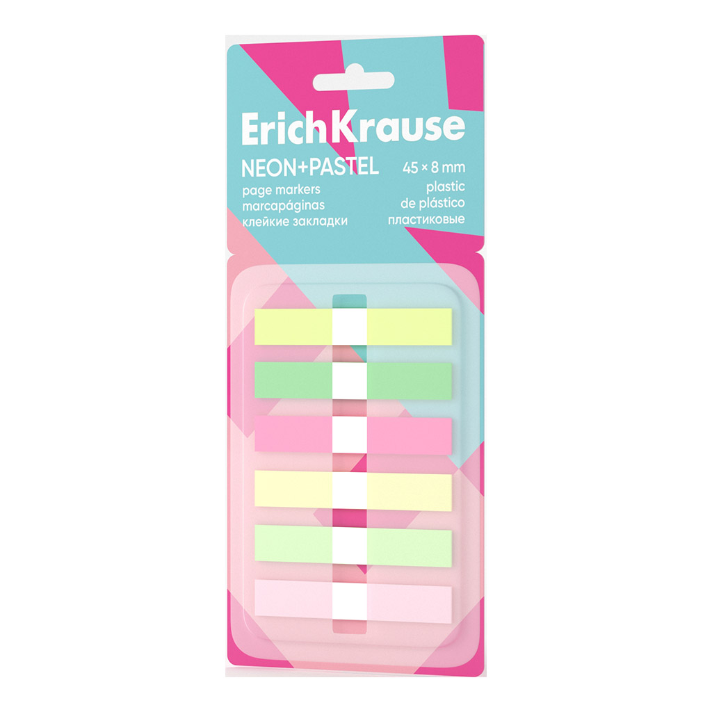 Клейкие закладки пластиковые ErichKrause Neon+Pastel, 45х8 мм, 120 листов, 6 Клейкие закладки пластиковые ErichKrause Neon+Pastel, 45х8 мм, 120 листов, 6