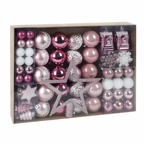 Шары новогодние ёлочные "Elegant Pink" 77 предметов, розовый/белый, Шары новогодние ёлочные "Elegant Pink" 77 предметов, розовый/белый,