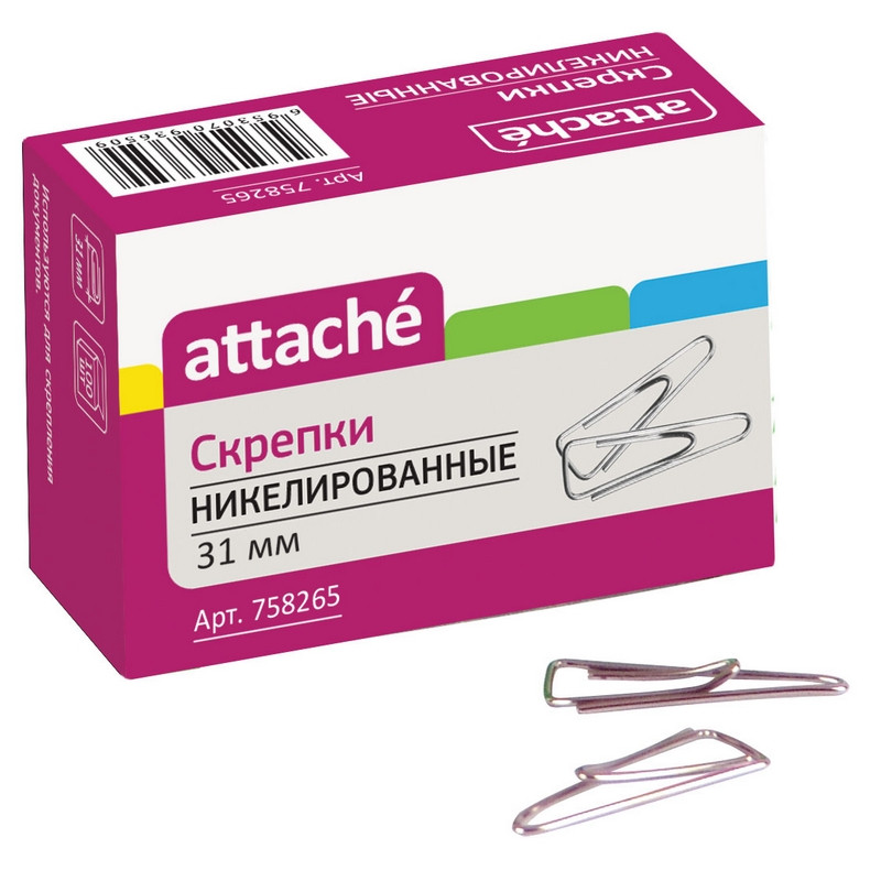 Скрепки Attache 31мм, никелированные, треуг с загнут.краем,100шт./уп.к/кор Скрепки Attache 31мм, никелированные, треуг с загнут.краем,100шт./уп.к/кор