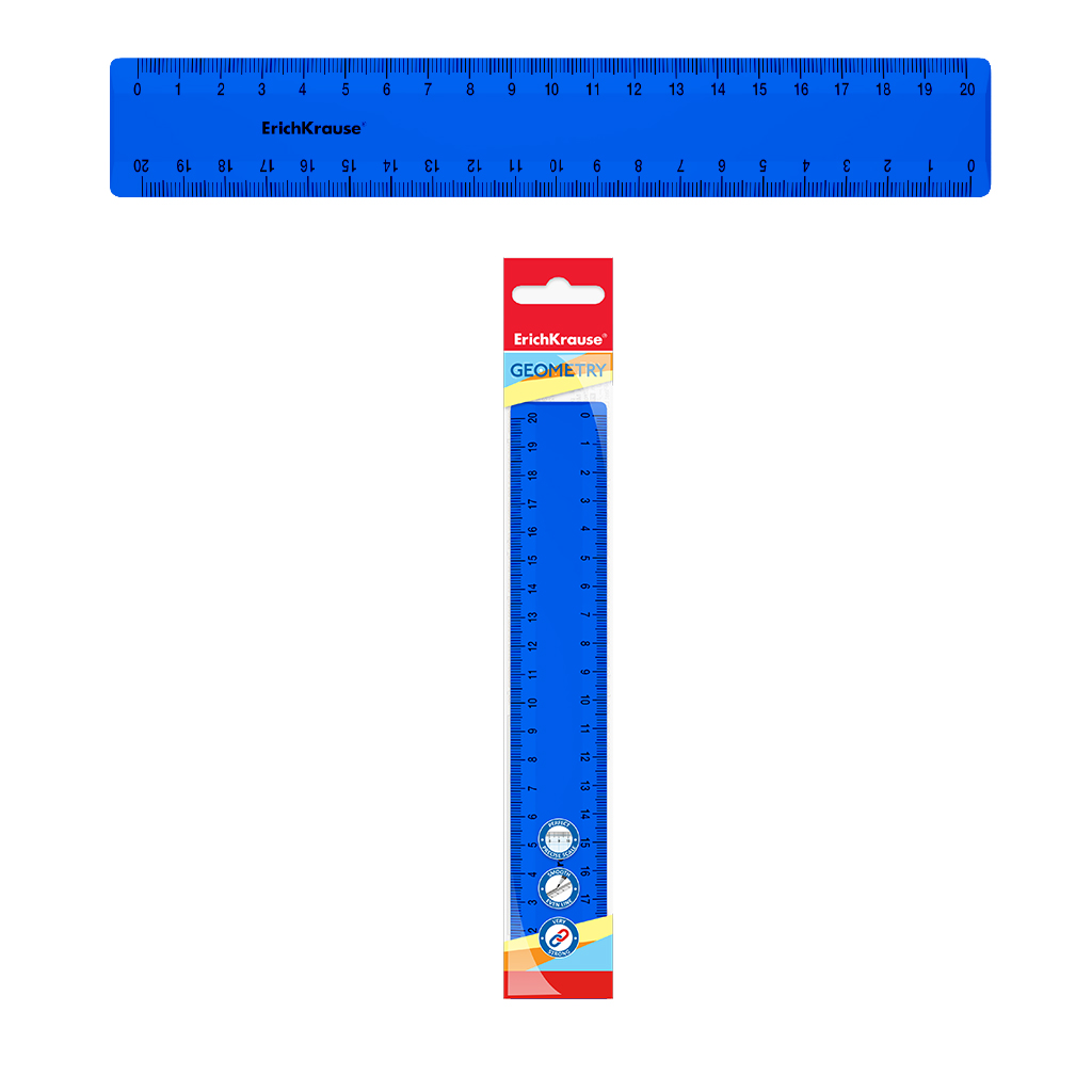 Линейка пластиковая ErichKrause® Classic, 20см, синий, во флоупаке Линейка пластиковая ErichKrause® Classic, 20см, синий, во флоупаке