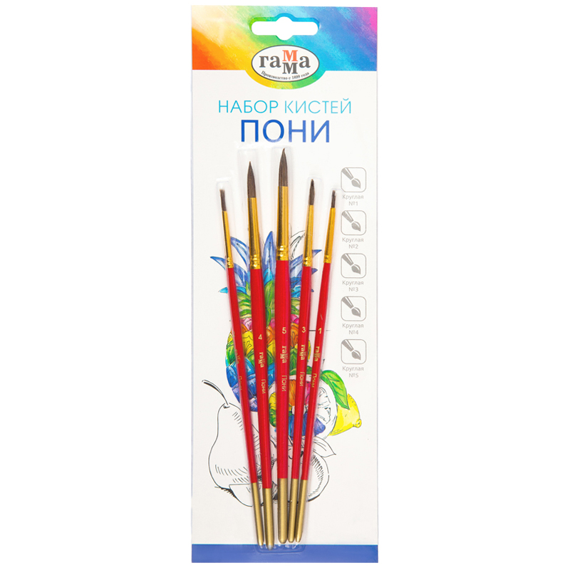 Набор кистей Гамма "Классические", 5шт., пони, круглые №1,2,3,4,5, Набор кистей Гамма "Классические", 5шт., пони, круглые №1,2,3,4,5,