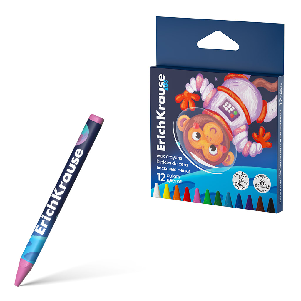 Восковые мелки ErichKrause Kids Space Animals трехгранные, 8 мм, 12 цветов (в Восковые мелки ErichKrause Kids Space Animals трехгранные, 8 мм, 12 цветов (в
