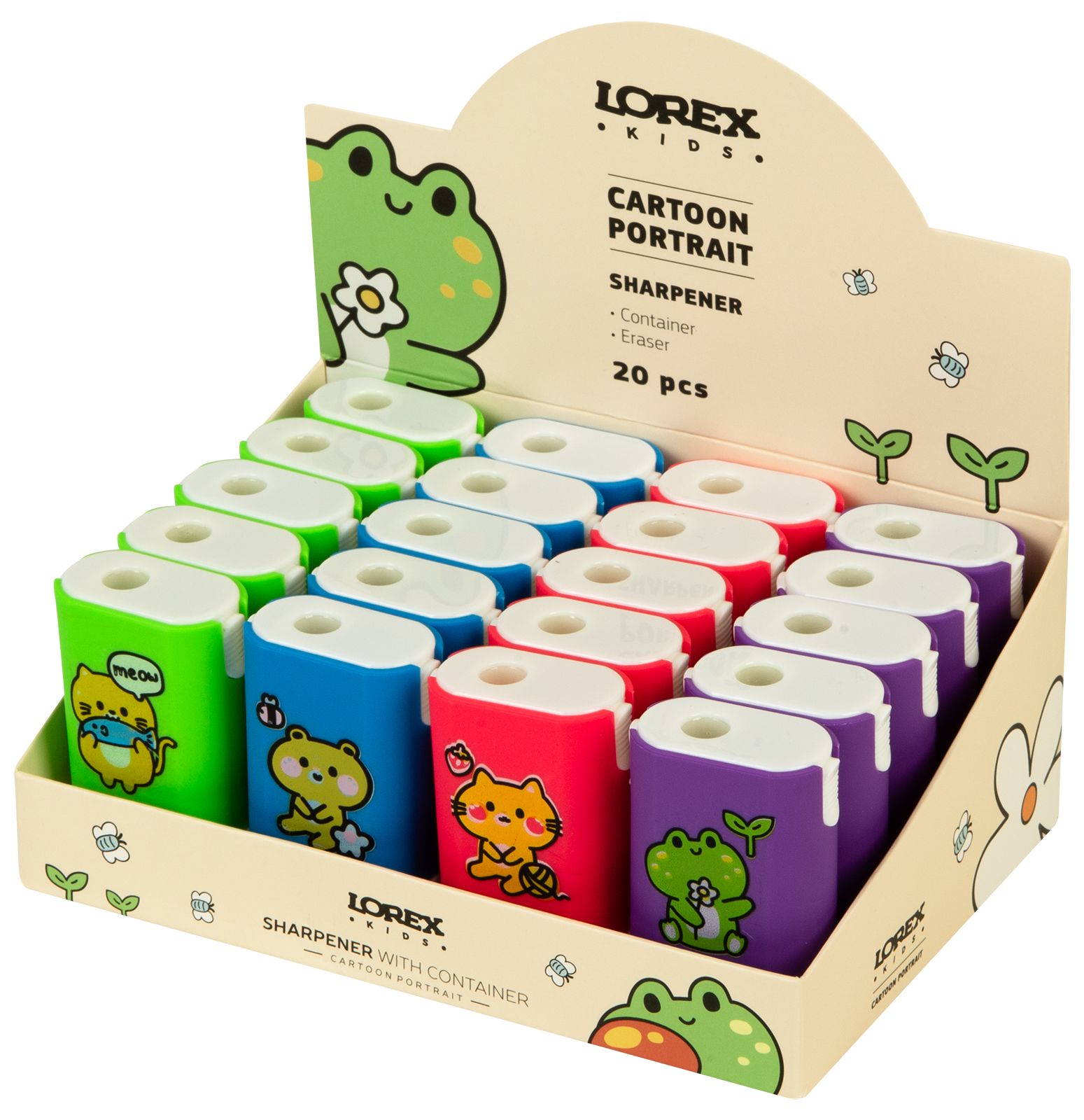 Точилка LOREX KIDS CARTOON PORTRAIT с контейнером и ластиком ассорти, корпус Точилка LOREX KIDS CARTOON PORTRAIT с контейнером и ластиком ассорти, корпус