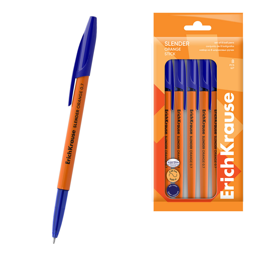Набор из 8 ручек шариковых ErichKrause Slender Stick Orange 0.7, Super Glide Набор из 8 ручек шариковых ErichKrause Slender Stick Orange 0.7, Super Glide