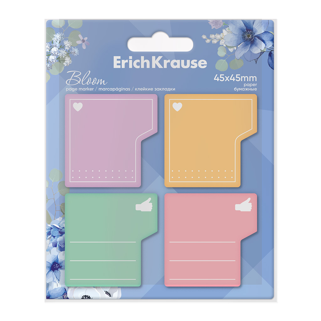 Клейкие закладки бумажные Erich Krause Pastel Bloom, 45X45 мм, 80 листов, 4 Клейкие закладки бумажные Erich Krause Pastel Bloom, 45X45 мм, 80 листов, 4