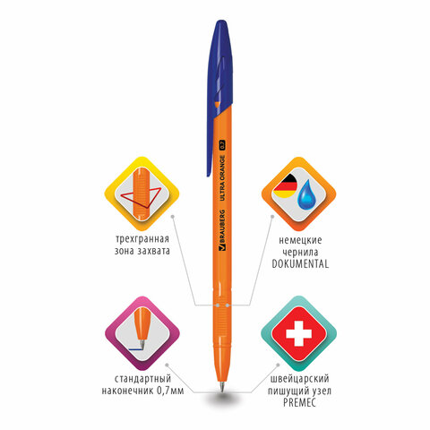 Ручка шариковая BRAUBERG "ULTRA ORANGE", СИНЯЯ, узел 0,7 мм, чернила Ручка шариковая BRAUBERG "ULTRA ORANGE", СИНЯЯ, узел 0,7 мм, чернила