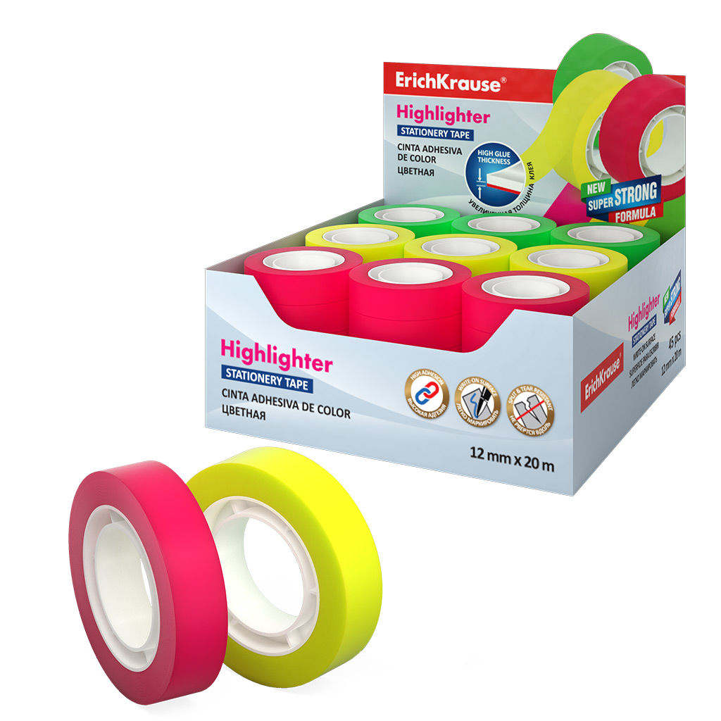 Клейкая лента Erich Krause Highlighter, прозрачная, цветная, 12ммх20м, ассорти Клейкая лента Erich Krause Highlighter, прозрачная, цветная, 12ммх20м, ассорти