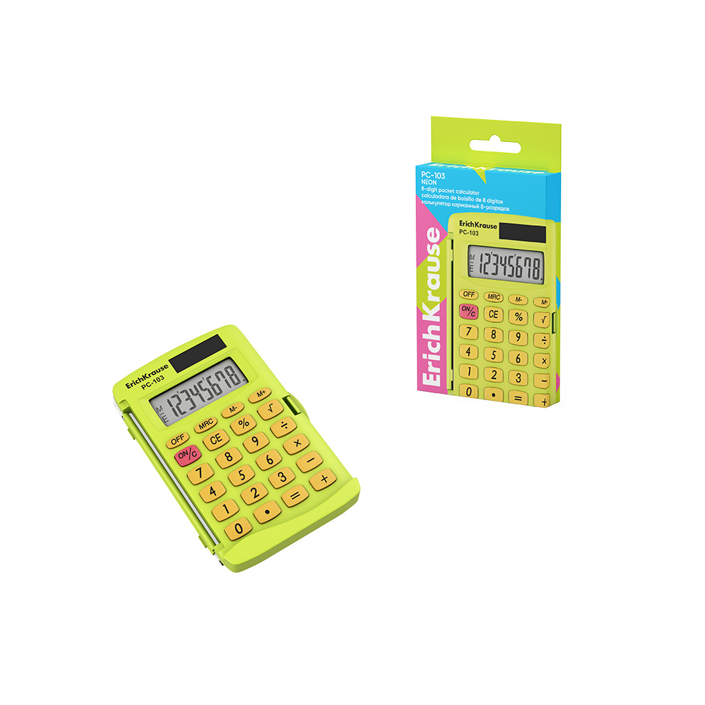 Калькулятор карманный 8-разрядов Erich Krause PC-103 Neon, желтый (в коробке по Калькулятор карманный 8-разрядов Erich Krause PC-103 Neon, желтый (в коробке по