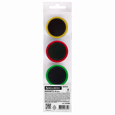 Магниты МОЩНЫЕ 40 мм (БОЛЬШОГО ДИАМЕТРА), НАБОР 4 шт., ассорти, BRAUBERG