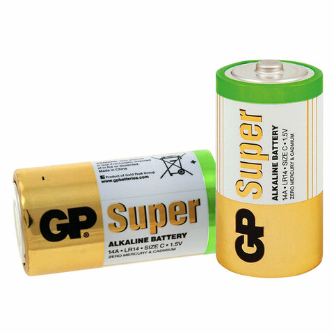Батарейки GP Super, С (LR14, 14А), алкалиновые, КОМПЛЕКТ 2 шт., в пленке,
