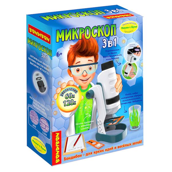 Французские опыты Науки с Буки Bondibon, Микроскоп 3 в 1 (60X,120X) Французские опыты Науки с Буки Bondibon, Микроскоп 3 в 1 (60X,120X)