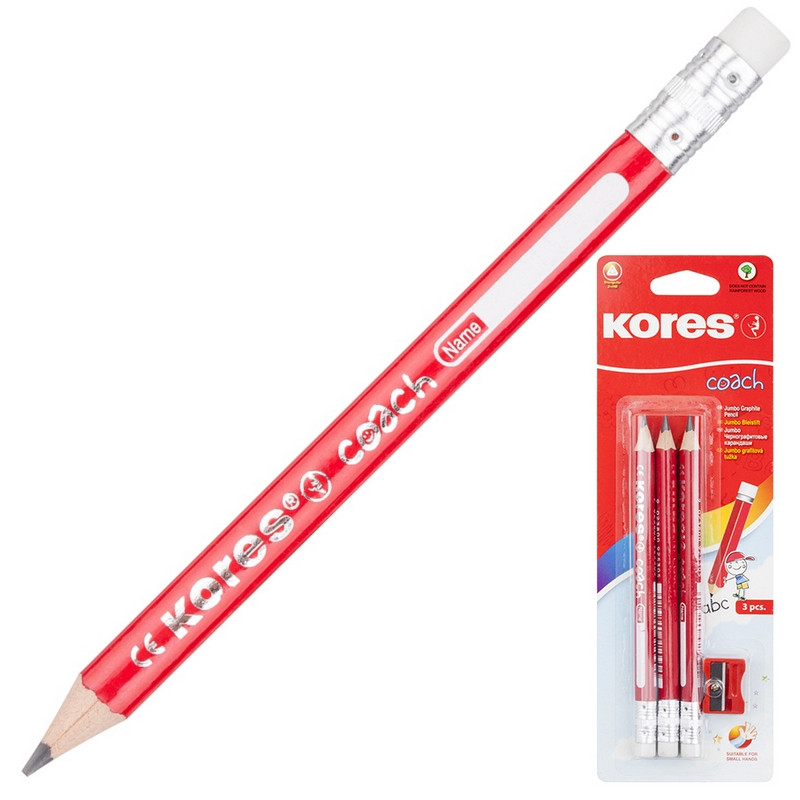 Карандаш чернографитный чернографитный KORES JUMBO трехгран. HB 3шт+точилка штр. Карандаш чернографитный чернографитный KORES JUMBO трехгран. HB 3шт+точилка штр.