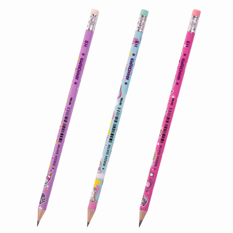 Карандаш чернографитный ЮНЛАНДИЯ "ЕДИНОРОГИ", 1 шт., HB, с ластиком,