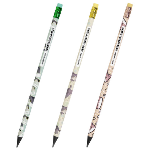 Карандаш чернографитный с принтом кросс-серия МИЛЫЕ КОТЫ, 1 шт., HB, ластик,