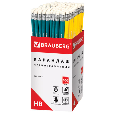 Карандаш чернографитный BRAUBERG, 1 шт., "Fluor", НВ, с резинкой, Карандаш чернографитный BRAUBERG, 1 шт., "Fluor", НВ, с резинкой,