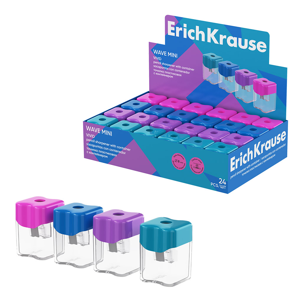 Точилка пластиковая ErichKrause Wave Mini, Vivid, с контейнером, ассорти (в Точилка пластиковая ErichKrause Wave Mini, Vivid, с контейнером, ассорти (в