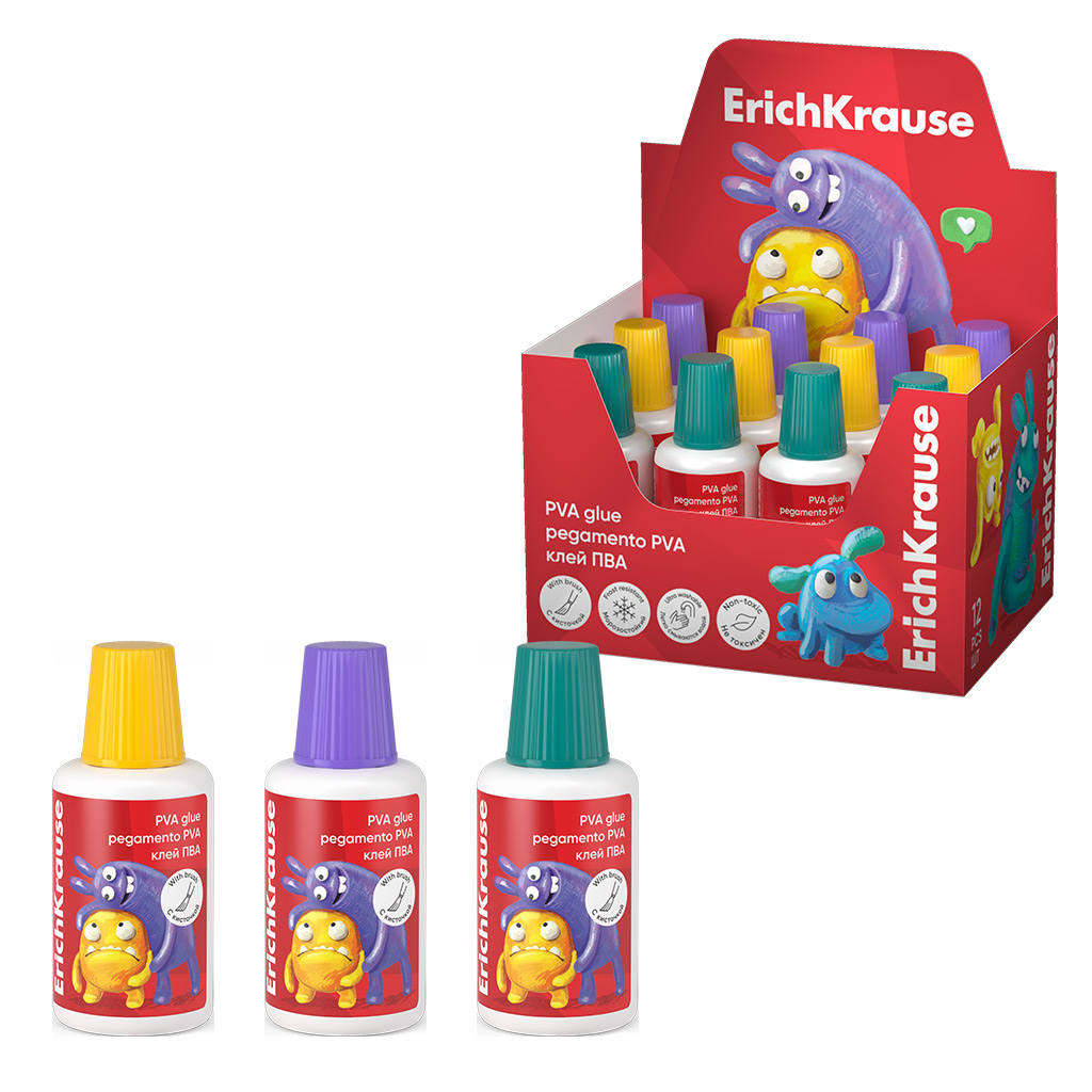 Клей ПВА ErichKrause EasyStick, Jolly Friends, с кисточкой, 20мл, ассорти Клей ПВА ErichKrause EasyStick, Jolly Friends, с кисточкой, 20мл, ассорти