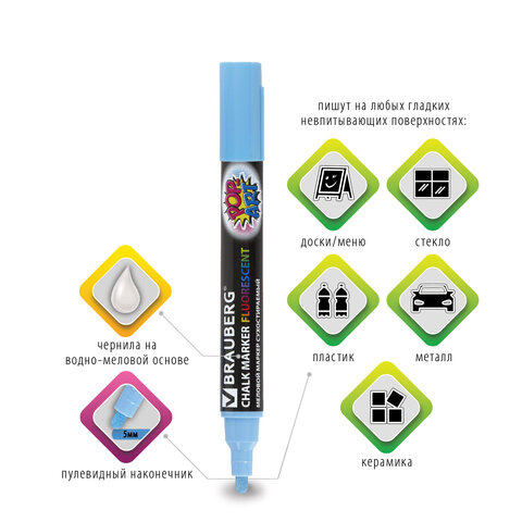 Маркер меловой BRAUBERG "POP-ART", сухостираемый, для гладких Маркер меловой BRAUBERG "POP-ART", сухостираемый, для гладких