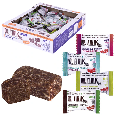 Конфеты финиковые DR.FINIK ассорти (фундук, миндаль, грецкий орех, кунжут), без Конфеты финиковые DR.FINIK ассорти (фундук, миндаль, грецкий орех, кунжут), без
