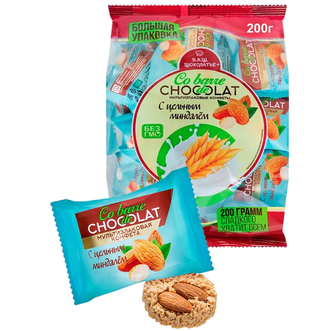 Конфеты мультизлаковые CO BARRE DE CHOCOLAT с цельным миндалем, 200 г, пакет, Конфеты мультизлаковые CO BARRE DE CHOCOLAT с цельным миндалем, 200 г, пакет,