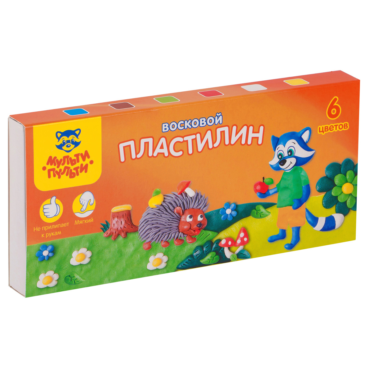 Пластилин "Енот в лесу" 06 цветов, 90г, восковой, со стеком, картон с Пластилин "Енот в лесу" 06 цветов, 90г, восковой, со стеком, картон с