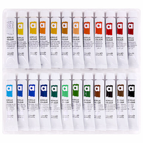 Краски акриловые художественные 24 цвета в тубах по 12 мл, BRAUBERG HOBBY, Краски акриловые художественные 24 цвета в тубах по 12 мл, BRAUBERG HOBBY,