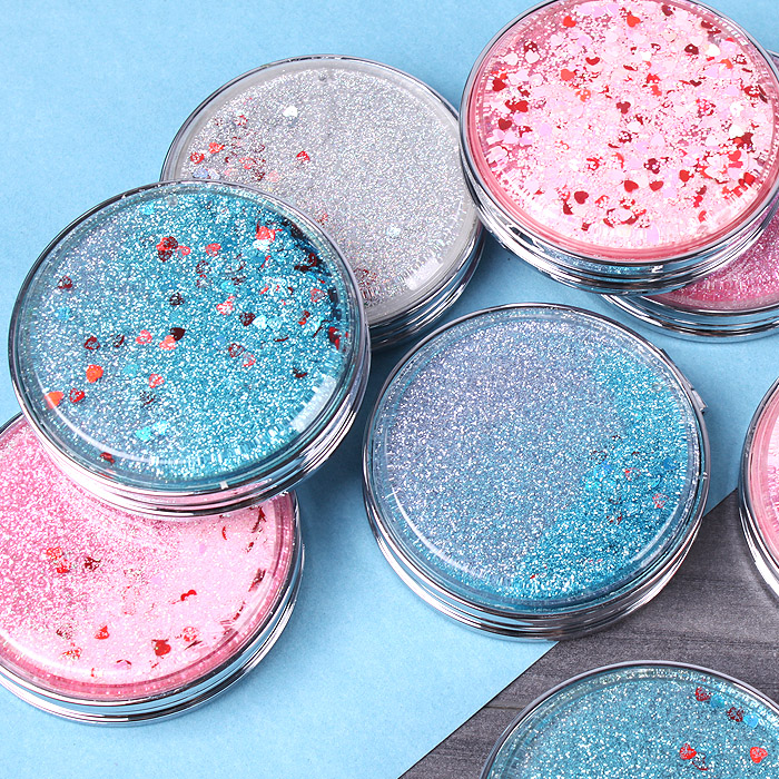 Зеркало складное круглое d-7см двойное на магните с блестками россыпью ассорти Зеркало складное круглое d-7см двойное на магните с блестками россыпью ассорти