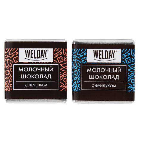 Шоколад порционный с фундуком и печеньем WELDAY, молочный 27%, 400 г (80 плиток Шоколад порционный с фундуком и печеньем WELDAY, молочный 27%, 400 г (80 плиток