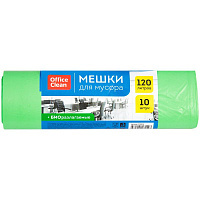 Мешки для мусора 120л OfficeClean биоразлагаемые, ПНД, 70*110см,17мкм, 10шт, прочные, зеленые,в рул. 258858/А