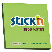 Блок самоклеящийся Stick`n 76x76 мм, 1 штука, 100 листов, 1 цвет, зеленый, неон