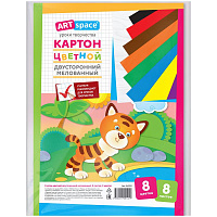 Картон цветной двусторонний A4, ArtSpace, 8л., 8цв., мелованный, в пакете с европодвесом. 264192