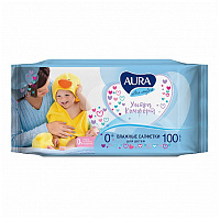 Салфетки влажные Aura "Ultra comfort", 16,5*16,5см, 100шт., детские, универсал. очищающие,без спирта. 8105