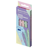 Ручки шариковые автоматические с грипом BRAUBERG "CLASSIC PASTEL", СИНИЕ, НАБОР 5 ШТ., пишущий узел 0,5 мм, линия письма 0,35 мм, 144470