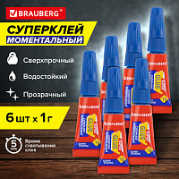Клей моментальный суперклей экономичный BRAUBERG EXTRA 1 г суперпрочный, КОМПЛЕКТ 6 ШТ., 608109, HC-6S