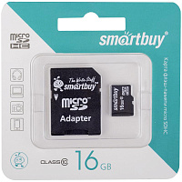 Карта памяти MicroSDHC 16GB Class 10 SmartBuy (адаптер SD): SB16GBSDCL10-01 штр.: 4607177552149
