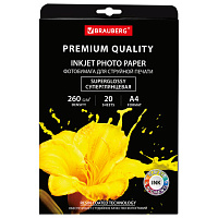 Фотобумага PREMIUM суперглянцевая, А4, 260 г/м2, односторонняя, 20 листов, BRAUBERG, 364004