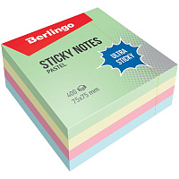 Самоклеящийся блок Berlingo "Ultra Sticky", 75*75мм, 400л, 4 пастельных цвета. LSn_40001