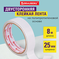 Клейкая двусторонняя лента 25 мм х 8 м, ТОНКАЯ ОСНОВА полипропилен, 90 микрон, BRAUBERG, 606425
