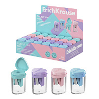 Точилка пластиковая ErichKrause Клик Мини, Пастель, с прозрачным контейнером, ассорти (в коробке-дисплее по 24 штуки)