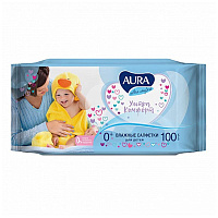 Салфетки влажные Aura "Ultra comfort", 16,5*16,5см, 100шт., детские, универсал. очищающие,без спирта. 8105