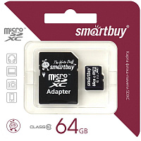 Карта памяти SmartBuy MicroSDXC 64GB UHS-1, Class 10, скорость чтения 10Мб/сек (с адаптером SD). SB64GBSDCL10-01