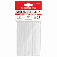 Клеевые стержни, диаметр 11 мм, длина 100 мм, белые, комплект 6 штук, BRAUBERG, европодвес, 670298