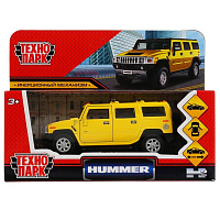Машина металл HUMMER H2 длина 12 см, двери, багажник, инерция, желтый, коробка. Технопарк