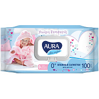 Салфетки влажные Aura "Ultra comfort", 16,5*16,5см, 100шт., детские, очищающие, без спирта, клапан. 8109
