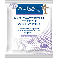 Салфетки влажные "AURA" BEAUTY, 15*20см, 15шт/уп, антибактериальные: 6036/7045 штр.:  4607068627505